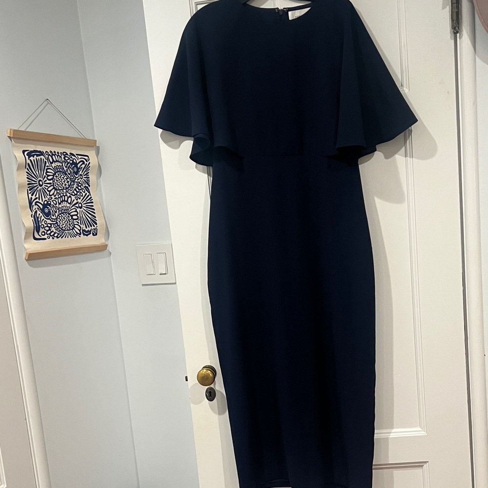 Pomander Place Navy Midi Dress with Cape Sleeves